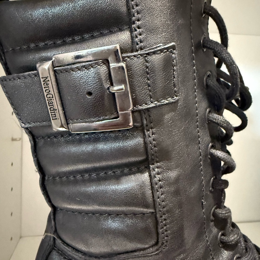 NeroGiardini Black Leather Mid-Calf Combat Boots  Made in Italy Size 38 - Picture 8 of 9